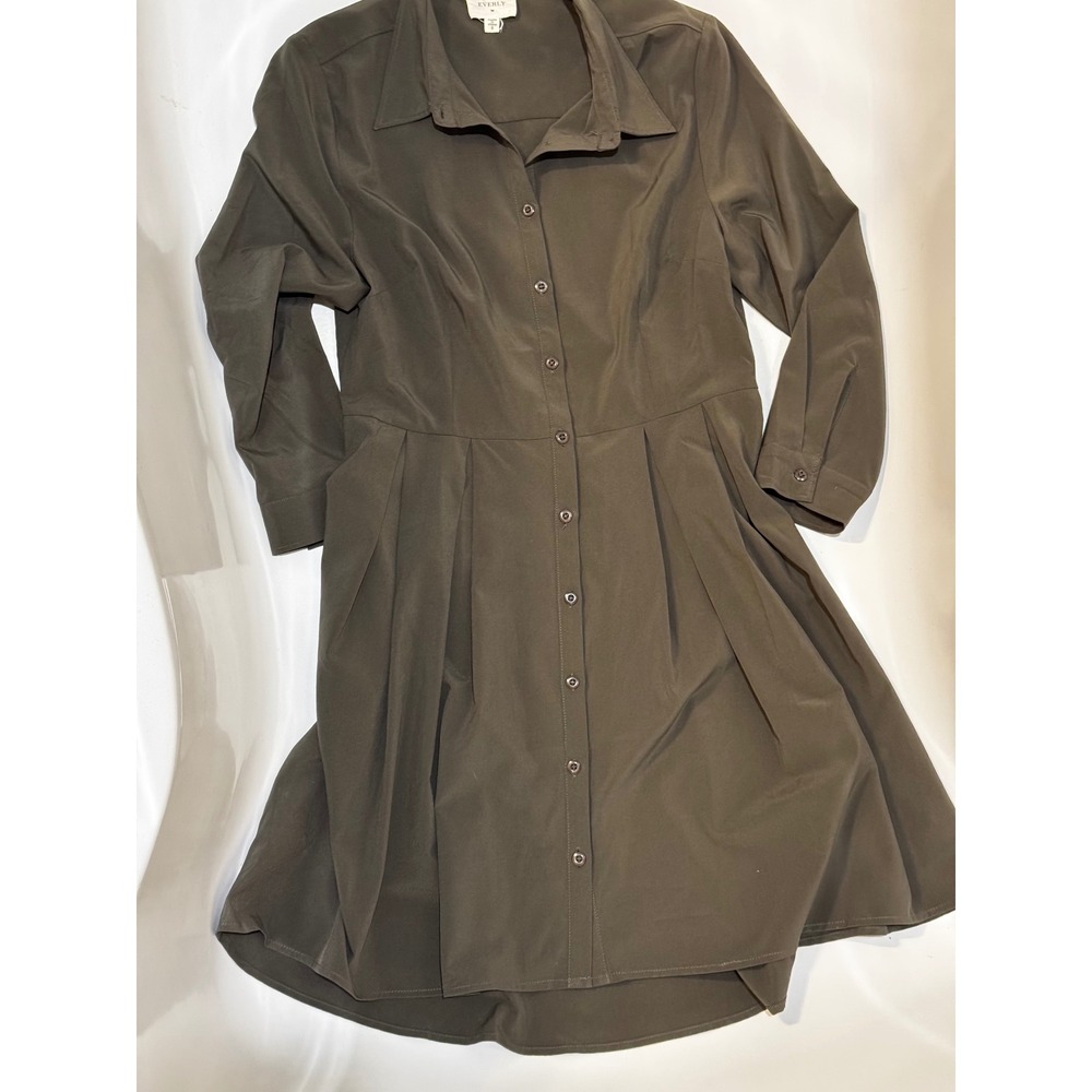 Everly Olive Green Fit and Flare Shirt Dress, Pleated Long Sleeve,‎ Casual